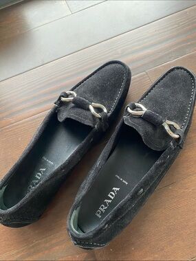 Prada Black Suede Loafers with Silver Bit